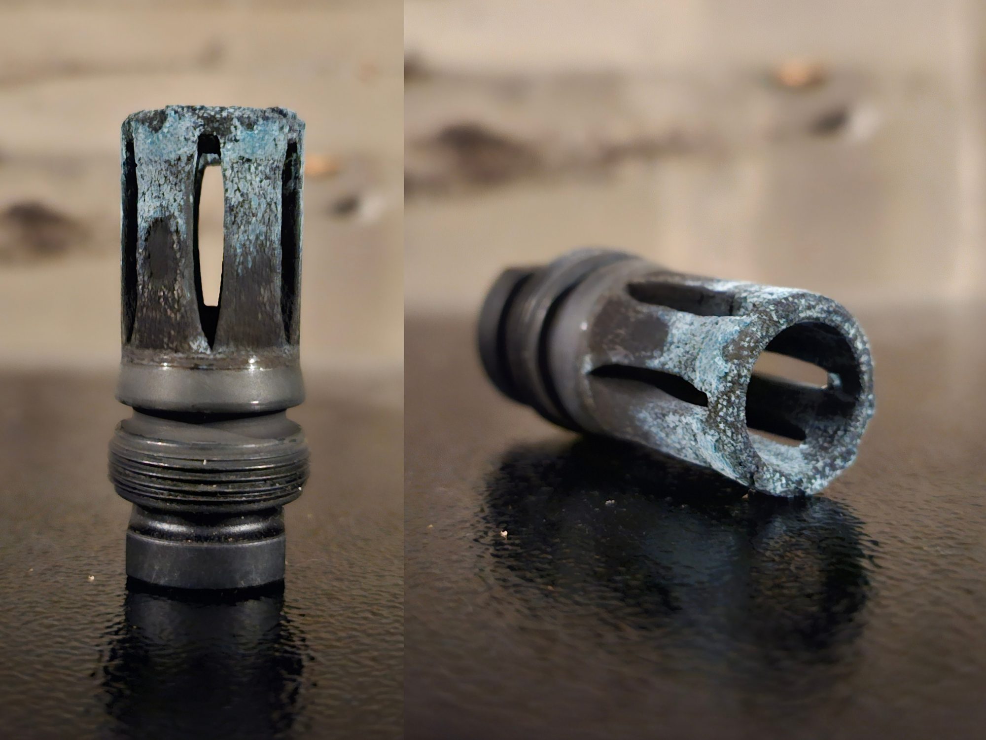 Two views of a carbon-crusted Dead Air Xeno flash hider: a standing profile with pale deposits fading to clean barrel threads, and a muzzle-end view of the crusted prongs