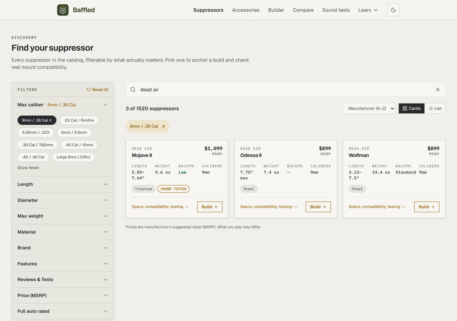 A brand typed into the search box, narrowing the 9mm results to that maker's suppressors.