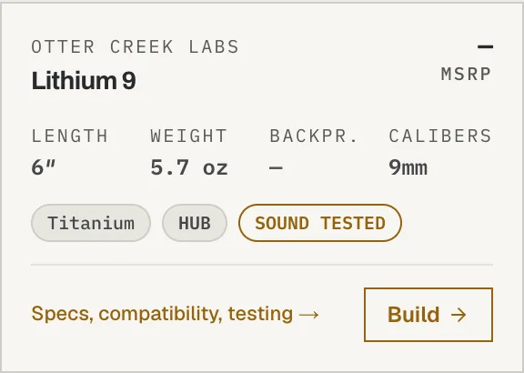 A single suppressor card showing its make, model, spec grid, material and sound-tested pills, an unpublished MSRP, and a Build button.