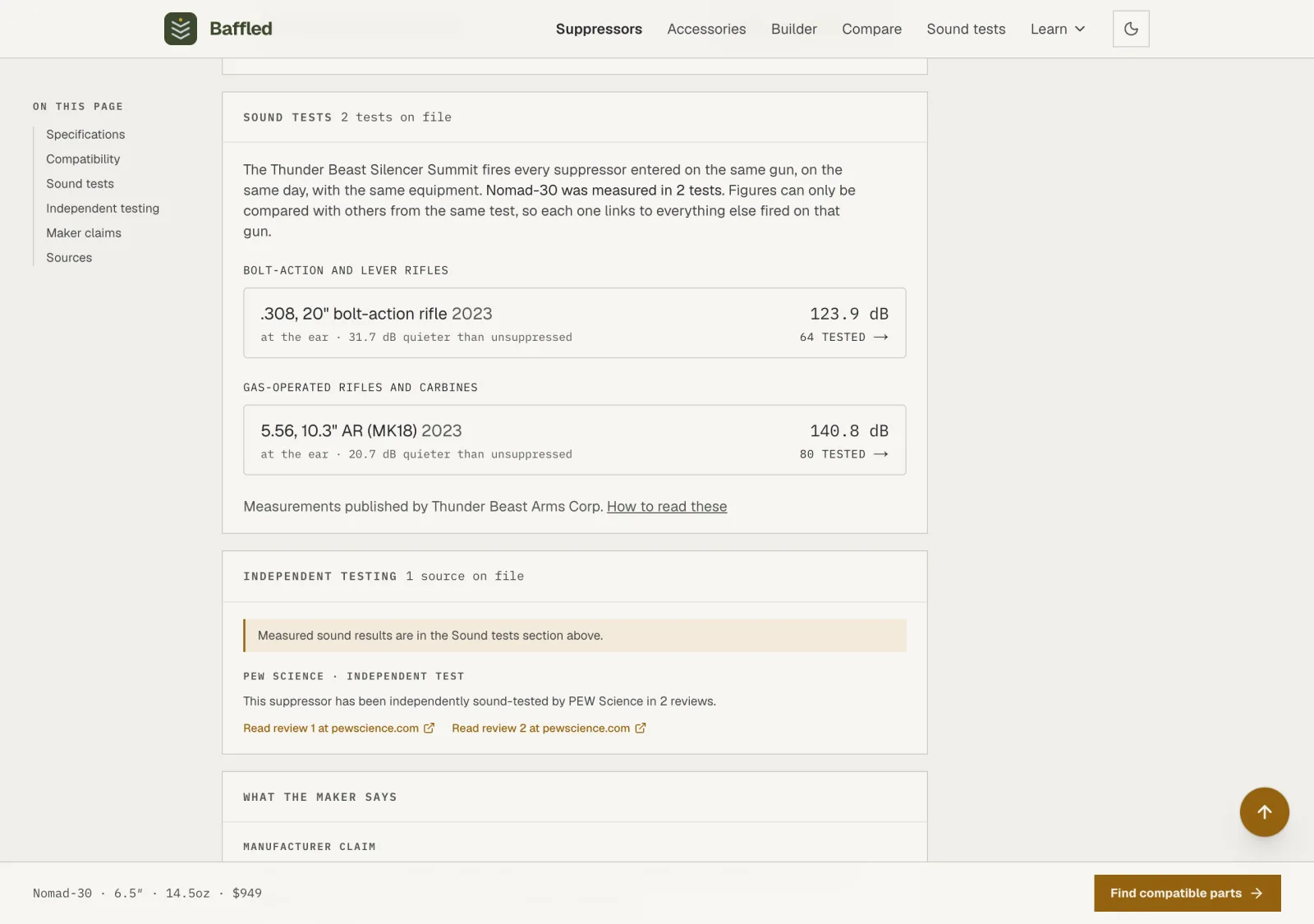 The evidence sections of a suppressor page: measured sound tests and independent reviews above the manufacturer's own claims, each with a link out to its source.