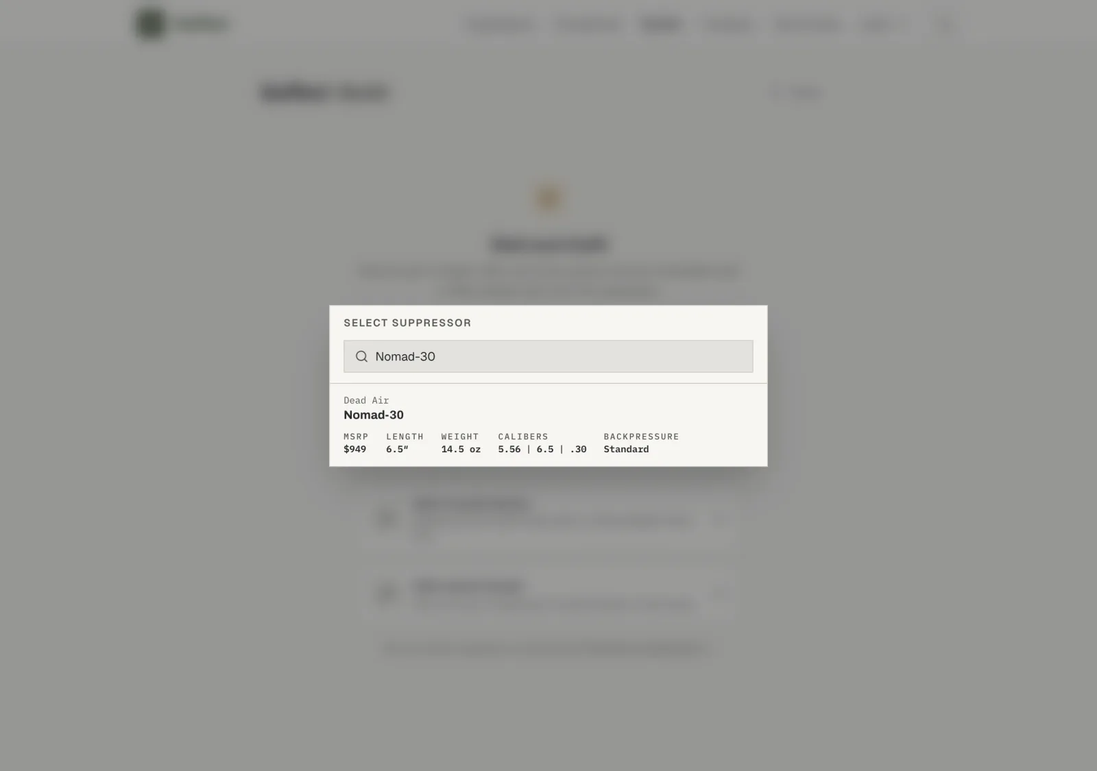 The suppressor picker open with a search term entered and matching candidate rows listed.
