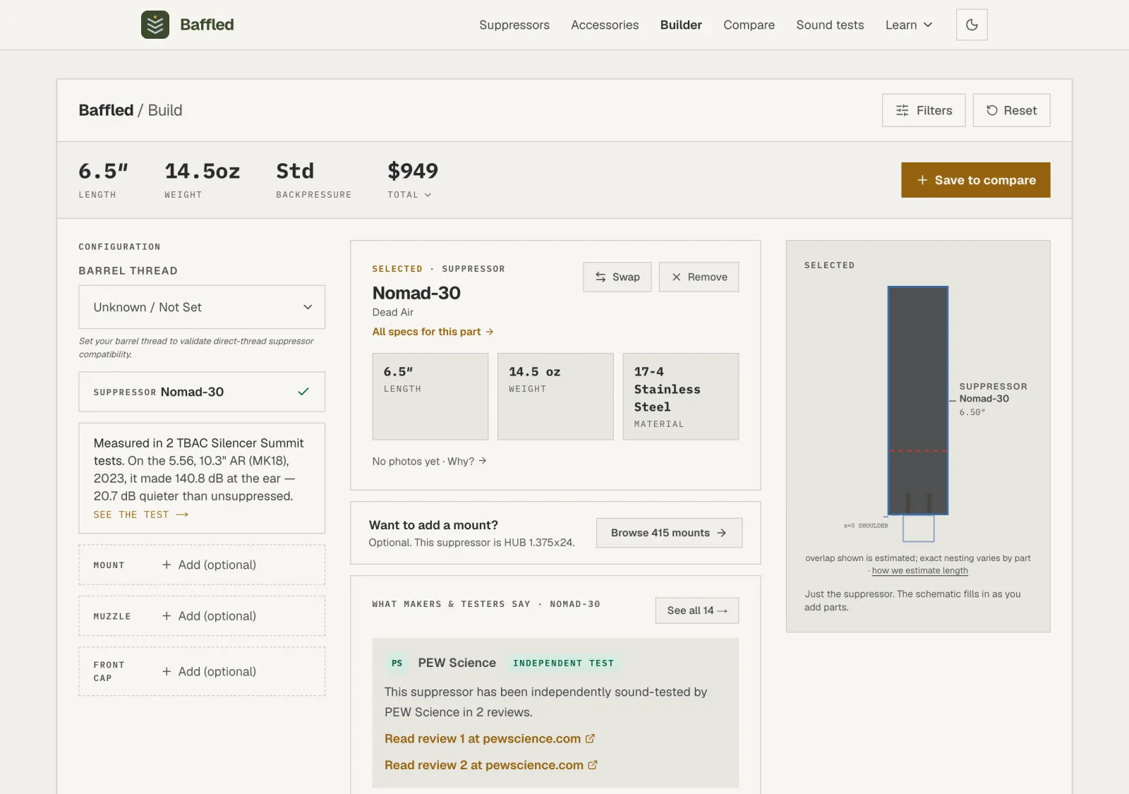 The Builder workspace after selecting a suppressor: results band on top, configuration list, the suppressor's card in the center, and a single-part schematic.
