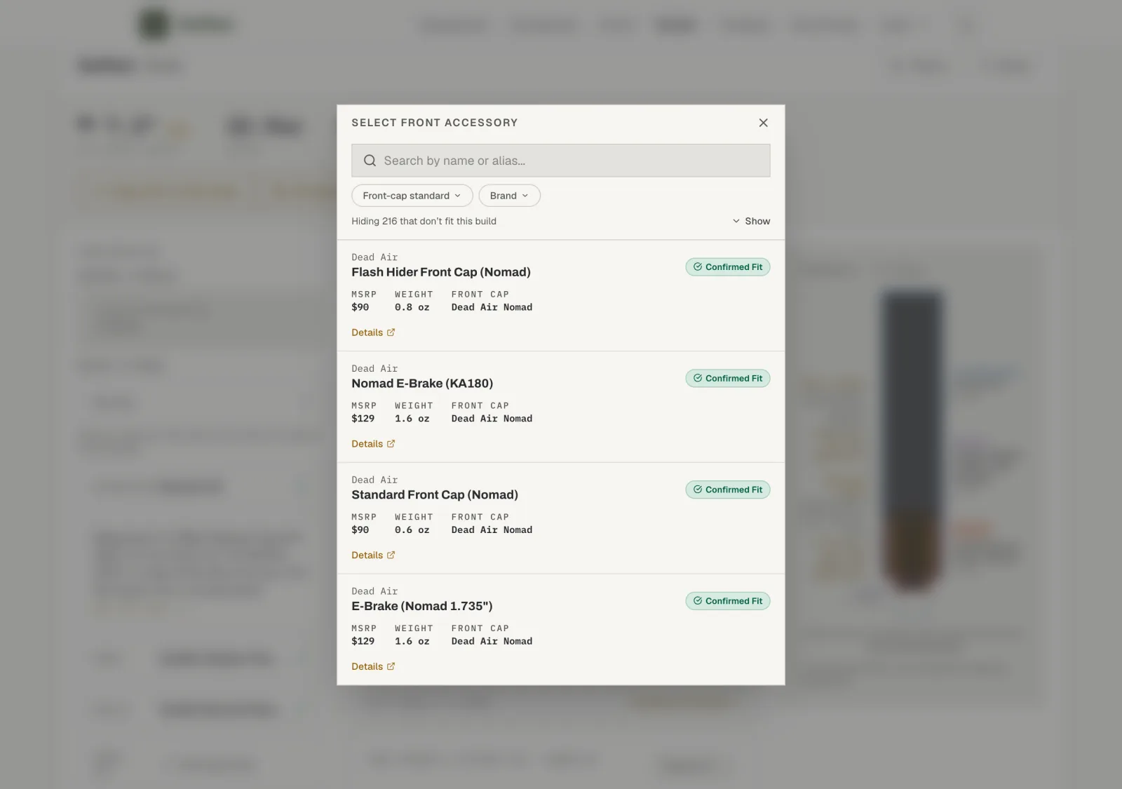 The front accessory picker with its Front-cap standard and Brand facet chips under the search box, listing the front caps compatible with the selected suppressor.