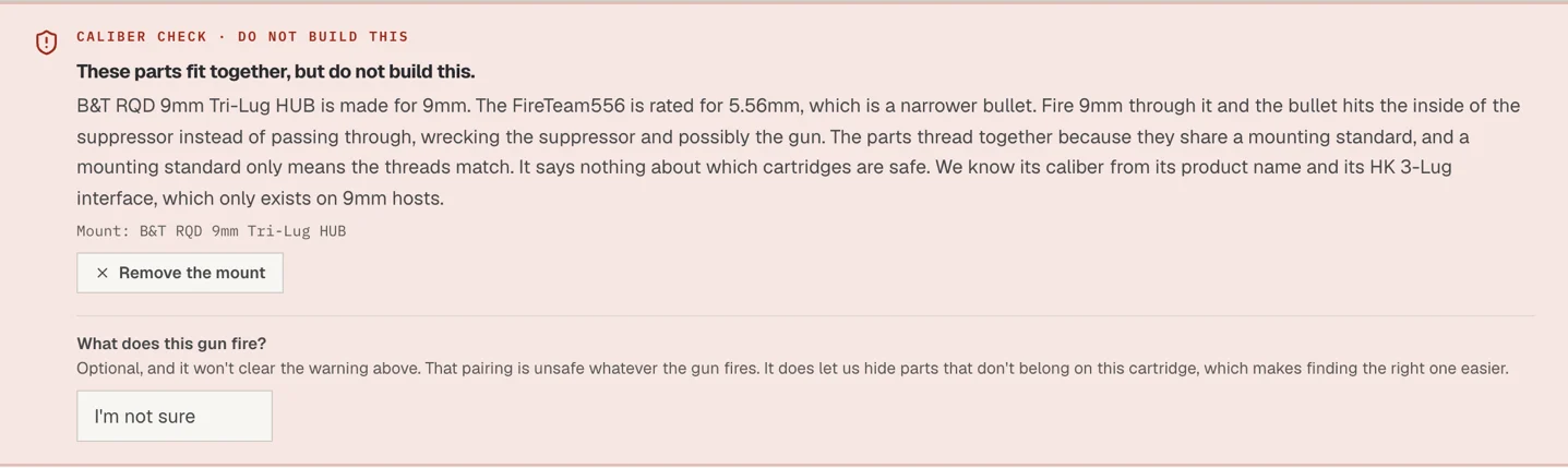The caliber check panel in red, headed “These parts fit together, but do not build this”, explaining that a 9mm mount on a 5.56 suppressor will drive the bullet into the suppressor, with a button to remove the mount.