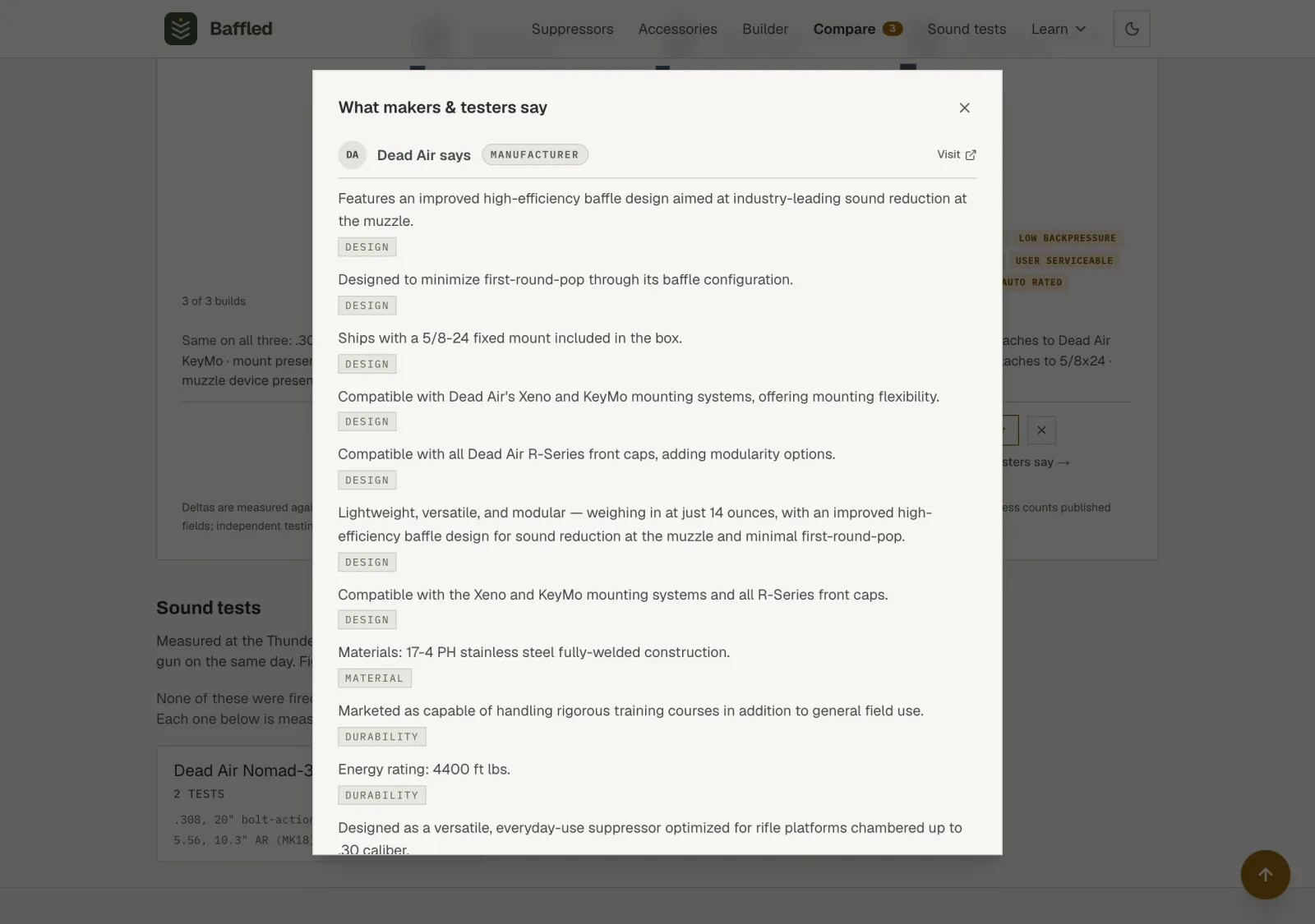 The evidence panel open over the comparison, showing a manufacturer's claims grouped by source with a link to visit that source.