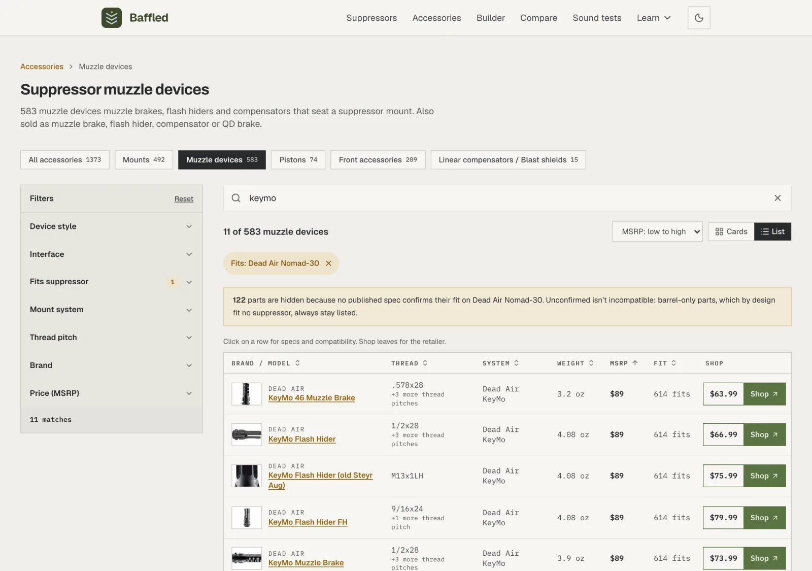The accessories List view with sortable spec columns and a trailing Shop column of retailer prices.