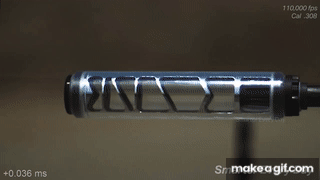 Animation of propellant gas expanding through suppressor baffles